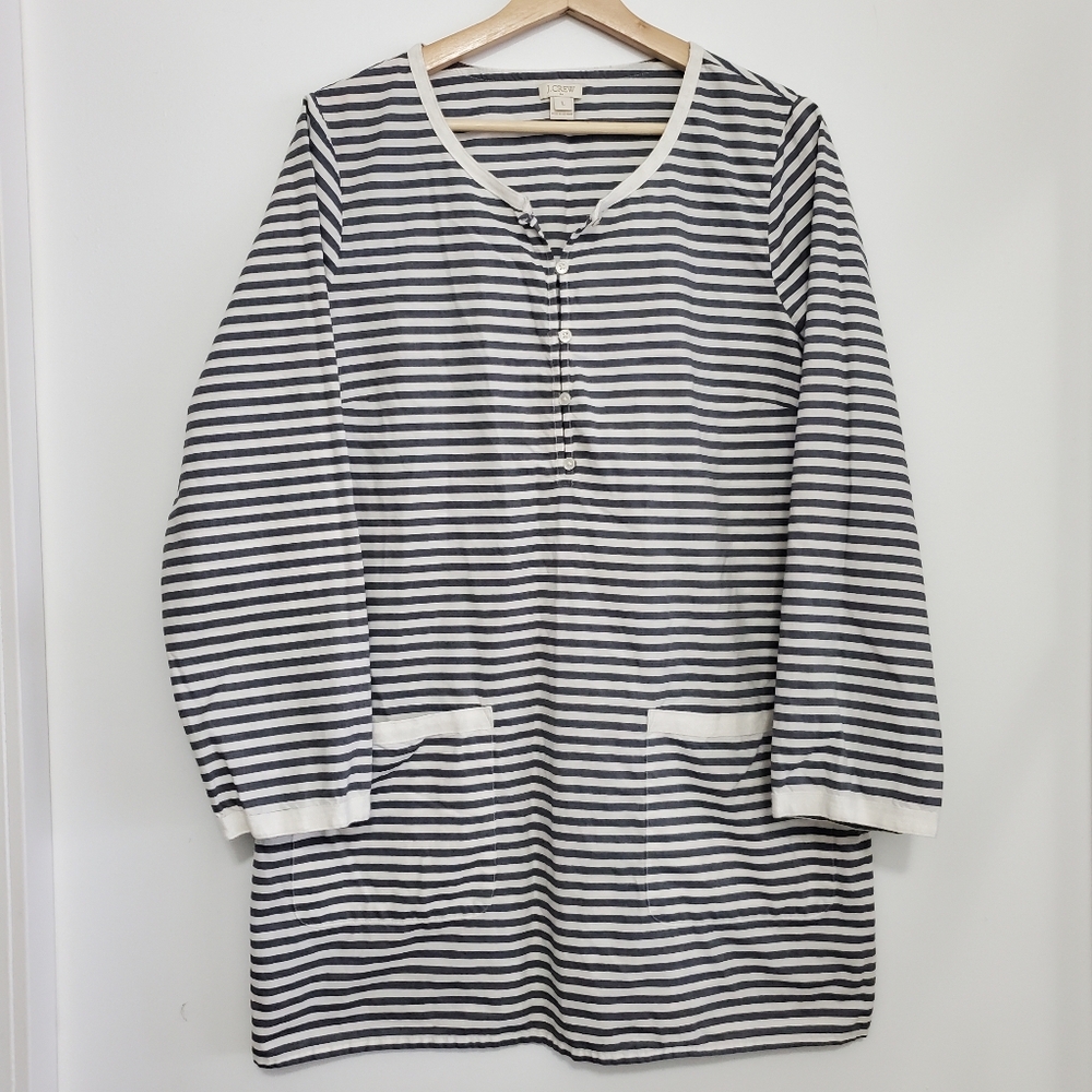 J Crew Large Tunic Navy White Stripes Boxy Cotton Henley Dress Lightweight Boho